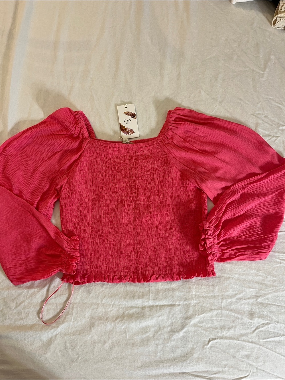 Girls' Hot Pink Smocked Puff-Sleeve Top